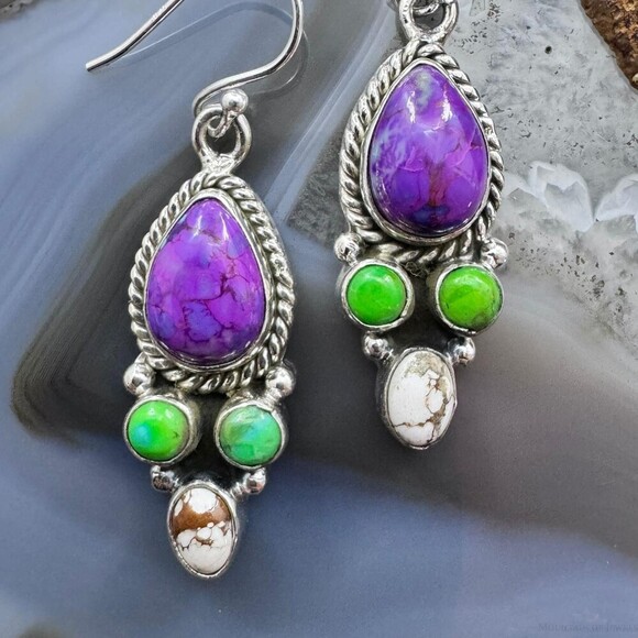 Sterling Southwestern Style Multistone Cluster Dangle Earrings For Women #2 - Picture 5 of 10